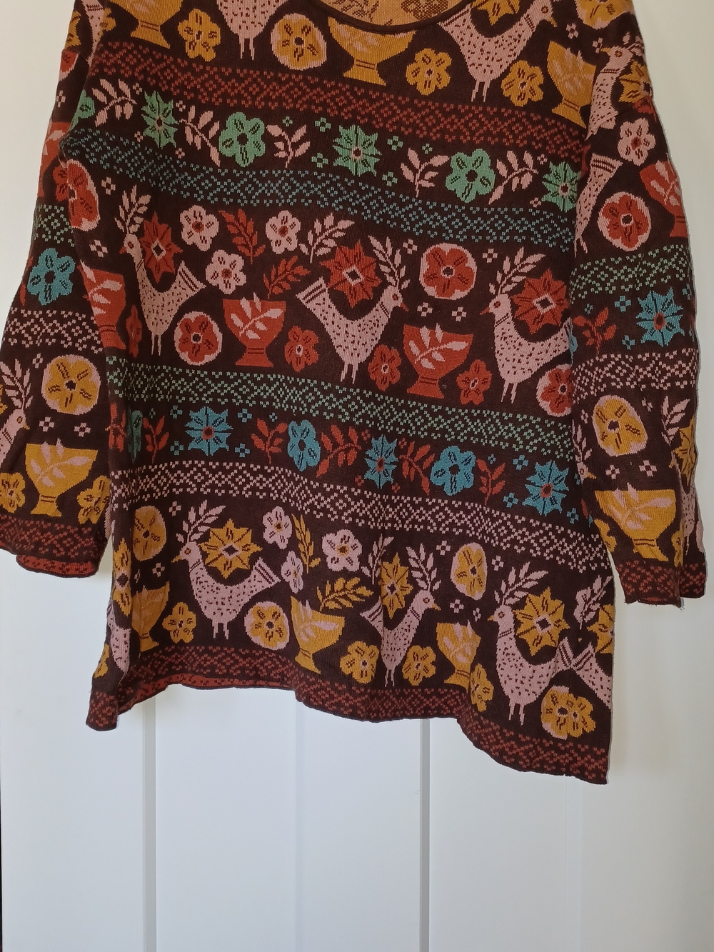 Fair Isle Floral & Bird Knit Sweater Top - Multicolor Chalis Partridge Laurel